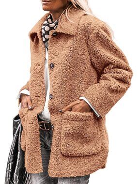 Women's Khaki Fleece Sherpa Coats Winter Outfit Warm Faux Fur Trendy Fall Jacket